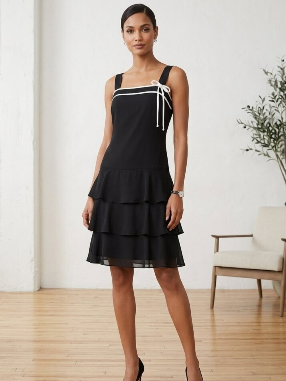 LOFT by Ann Taylor Black Layered Ruffled Skirt Dress with White Trim Size 6 NWT